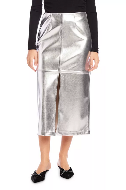 Kaia Faux Leather Midi Skirt- Silver