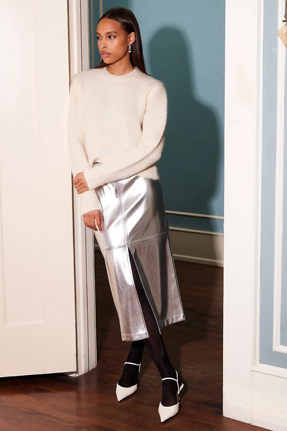 Kaia Faux Leather Midi Skirt- Silver
