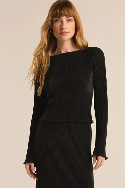 Veronica Pleated Boat Neck Top - Black