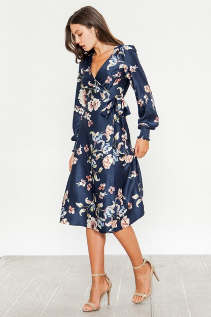 Satin Floral Blue Dress