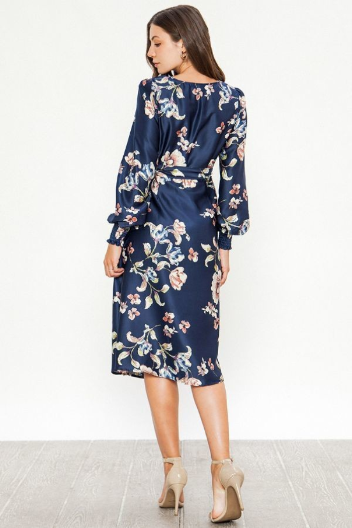 Satin Floral Blue Dress