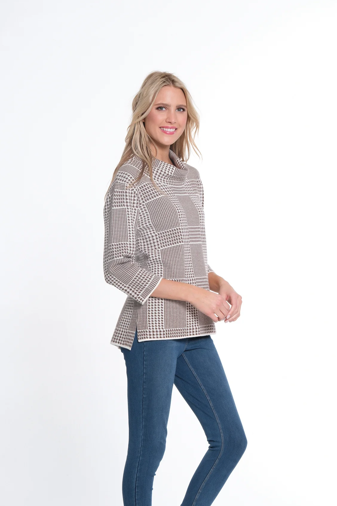 Houndstooth Cowl Neck Sweater