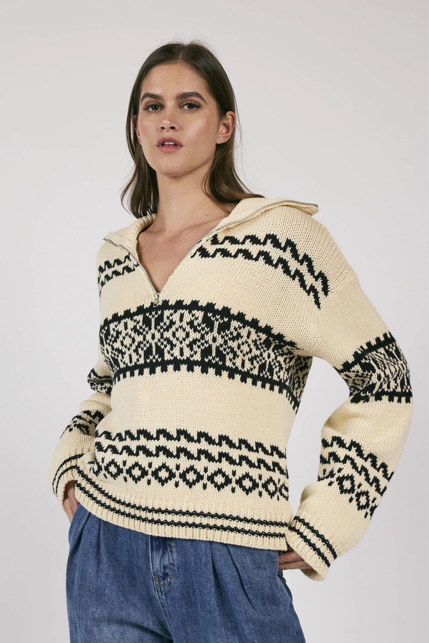 Great Outdoor Half Zip Sweater- Cream/Black