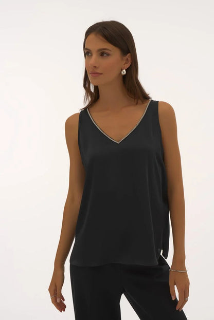 Satin Sleeveless Top with Rhinestone Trim- Black