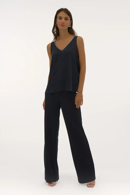 Satin Sleeveless Top with Rhinestone Trim- Black