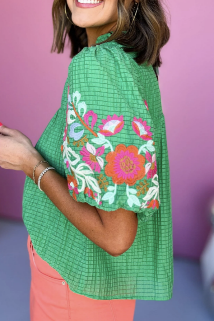 Embroidered Puff Sleeve V-Neck Top