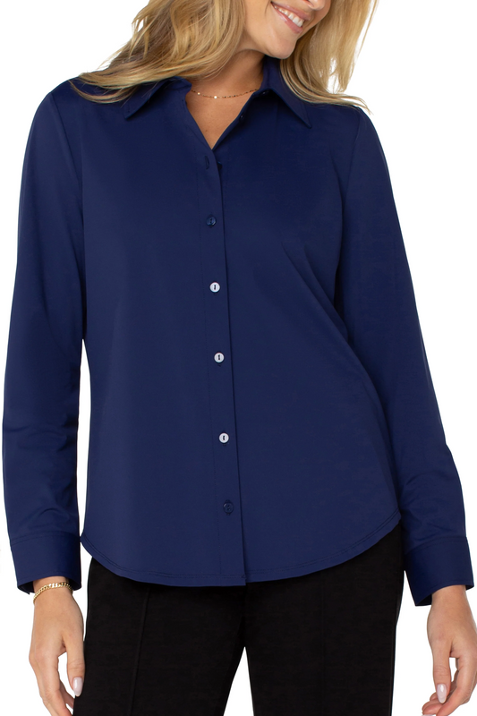 Long Sleeve Button Front Knit Shirt - Navy Ink