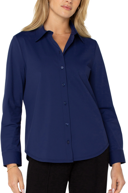 Long Sleeve Button Front Knit Shirt - Navy Ink