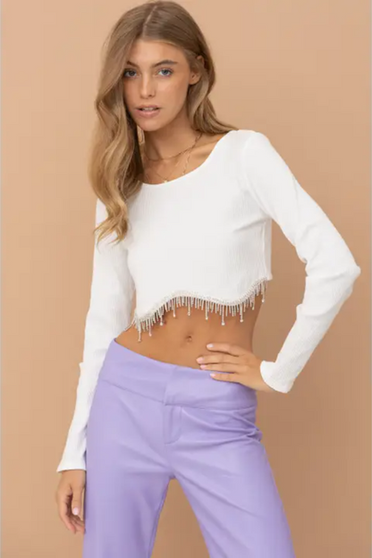 Ribbed Crop Rhinestone Fringe Top