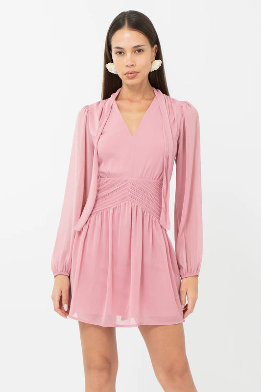 Betsy Neck Tie Mini Dress- Rose