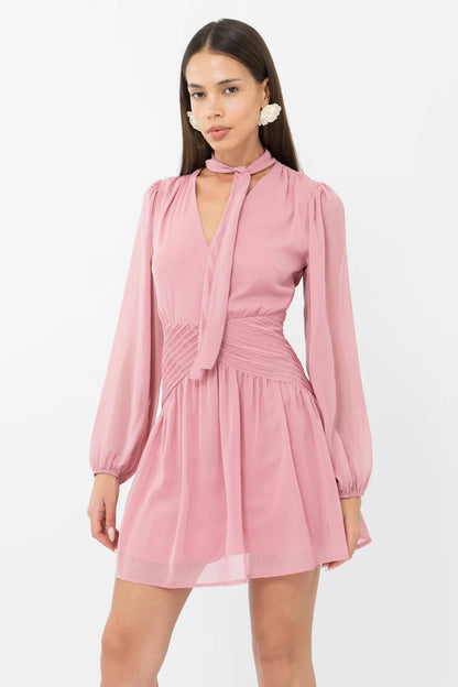 Betsy Neck Tie Mini Dress- Rose