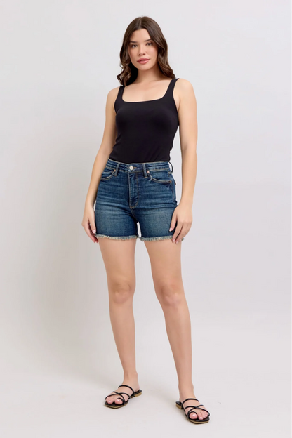 Judy Blue HW Tummy Control Fray Hem & Shield Back Pocket Shorts