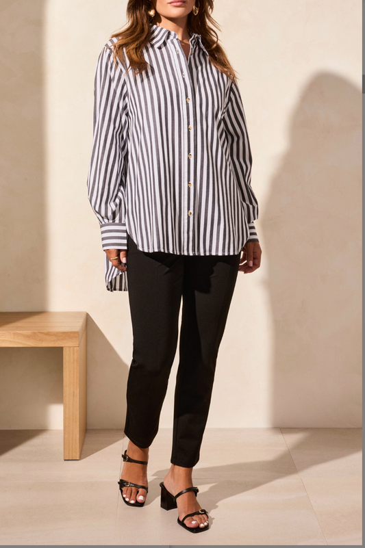 Long Sleeve Stripe Button Up- Black/White