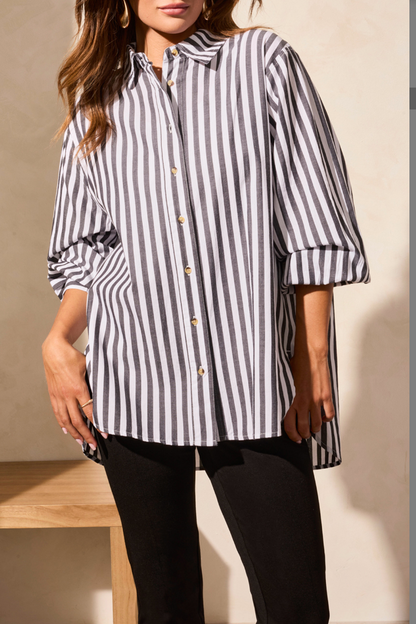 Long Sleeve Stripe Button Up- Black/White