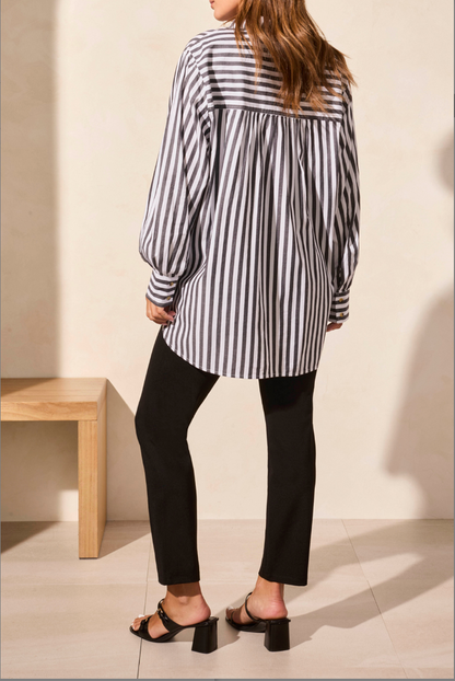 Long Sleeve Stripe Button Up- Black/White