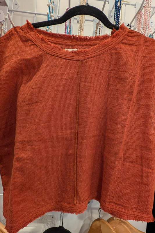 Elan Raw Edge 1/4 Cap Sleeve Crop Top