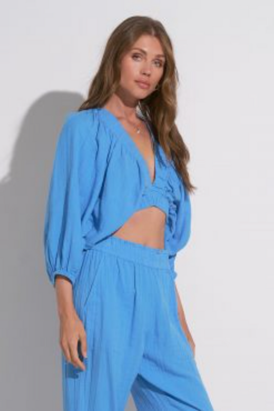 Elan Sky Blue 3/4  Sleeve V Neck Top