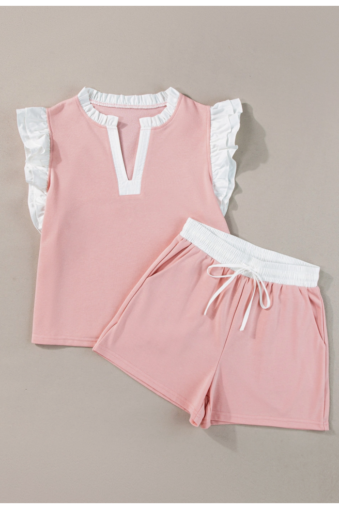 RUFFLE TRIMMED TOP & DRAWSTRING SHORTS SET
