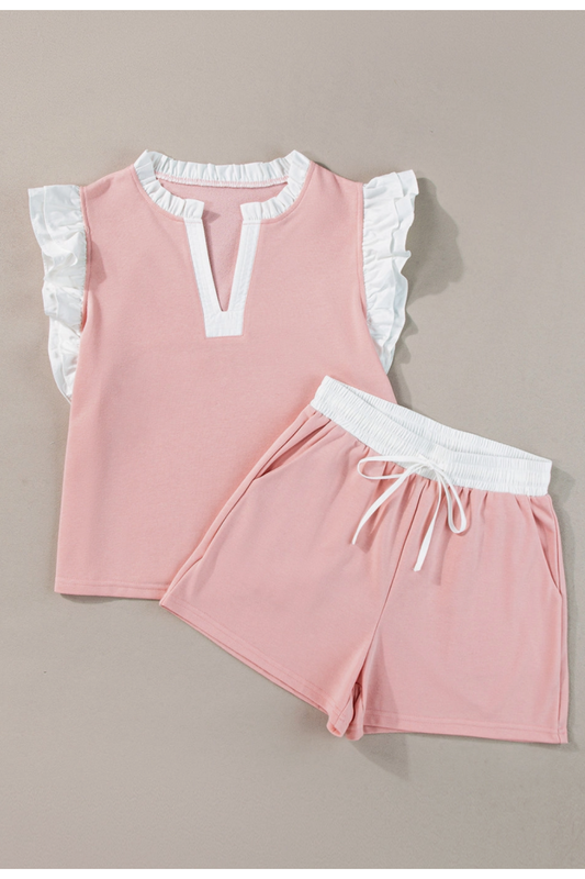 RUFFLE TRIMMED TOP & DRAWSTRING SHORTS SET