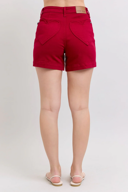 HIGH WAIST TUMMY CONTROL HEART SHAPED POCKETED SHORTS