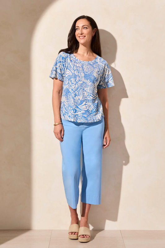 Linen-Blend Ruffle-Sleeve Crew Neck Top