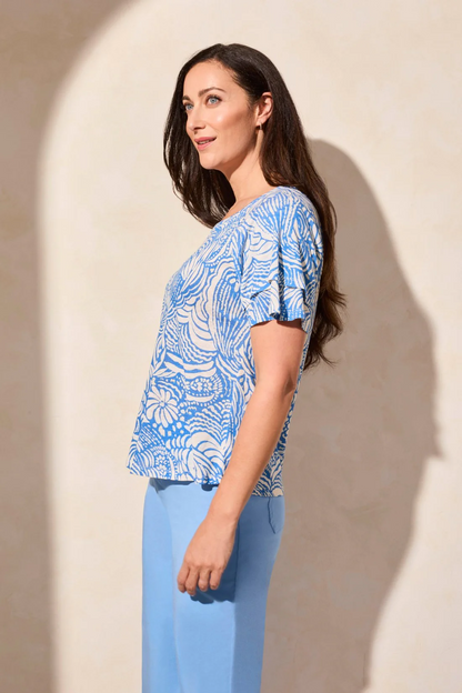 Linen-Blend Ruffle-Sleeve Crew Neck Top