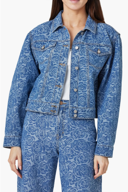 Jacquard Rose Crop Denim Trucker Jacket