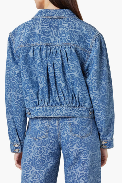 Jacquard Rose Crop Denim Trucker Jacket