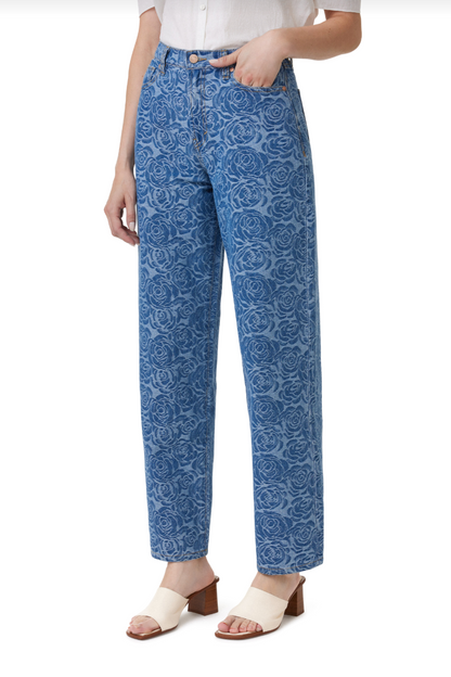 Jacquard Rose High Waist Barrel Leg Jeans