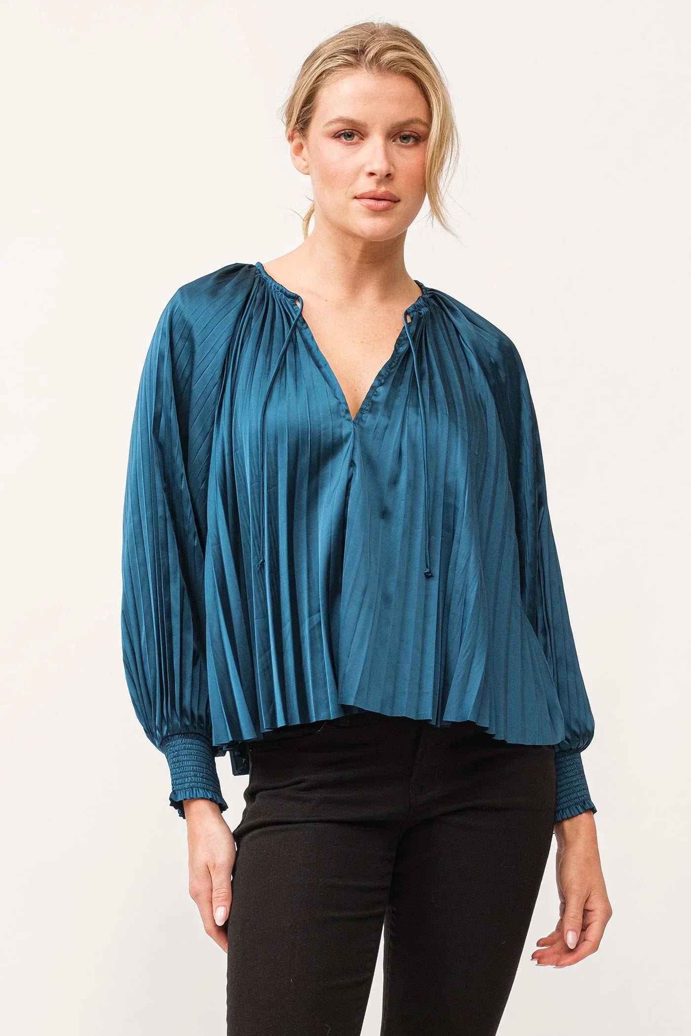 Deletta Pleated Satin Ruched Cuff Top