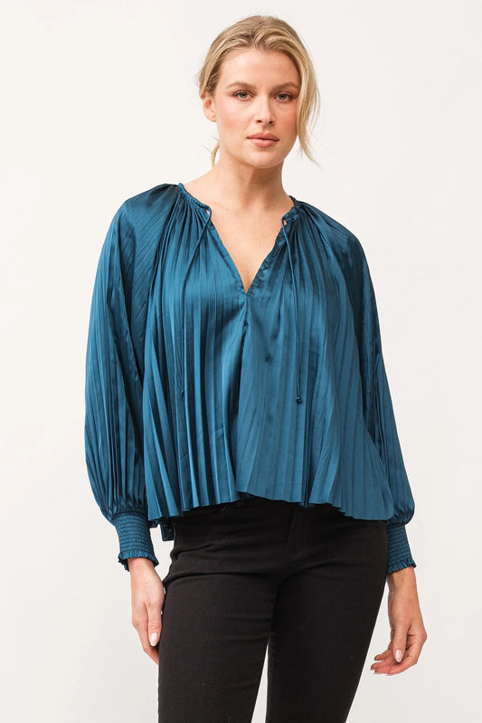 Deletta Pleated Satin Ruched Cuff Top