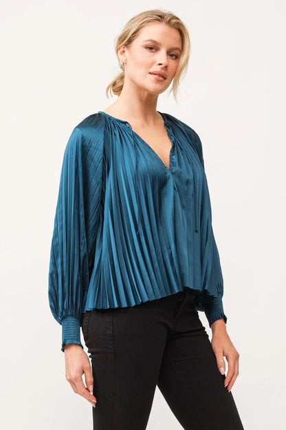 Deletta Pleated Satin Ruched Cuff Top