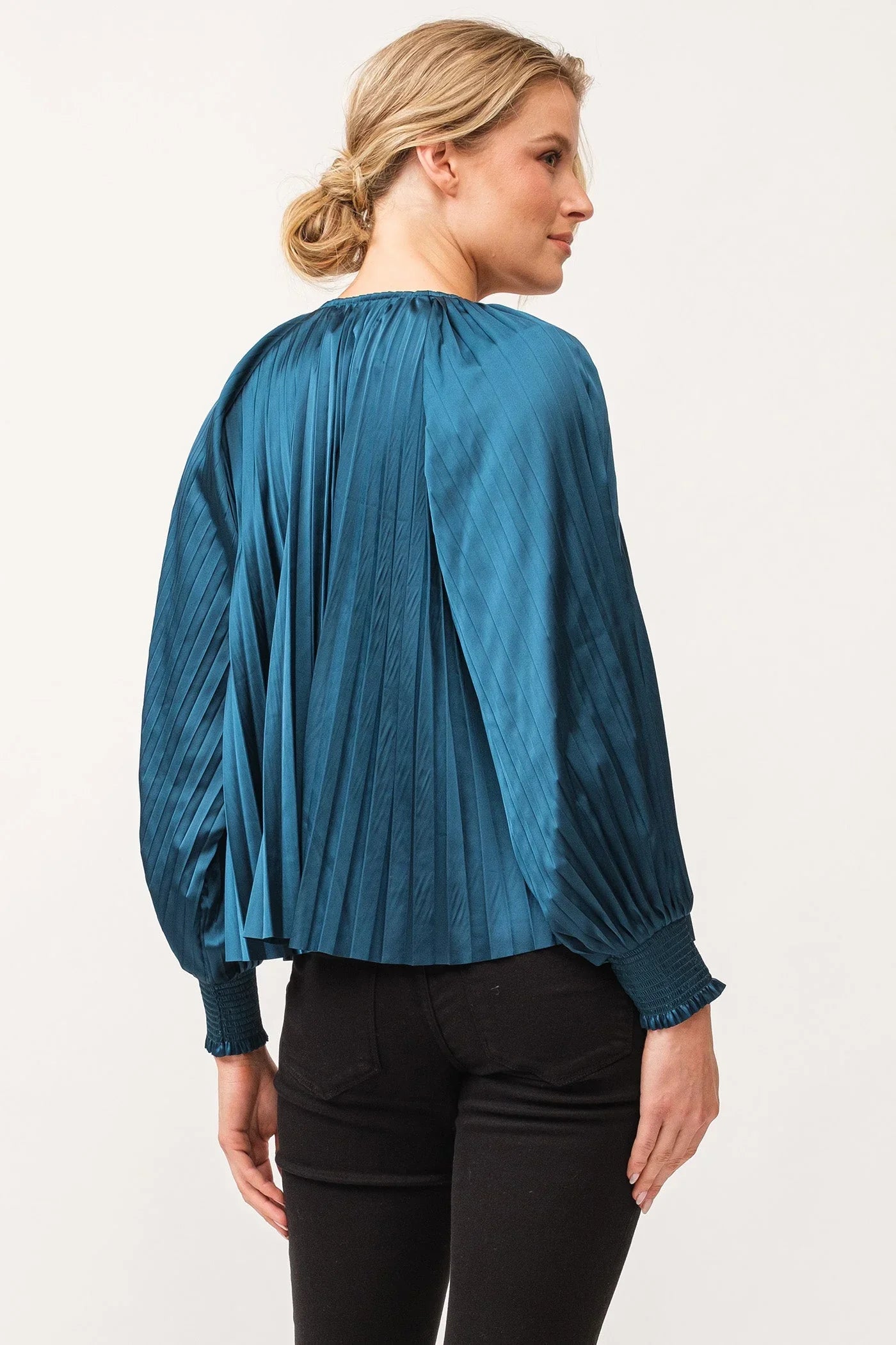 Deletta Pleated Satin Ruched Cuff Top