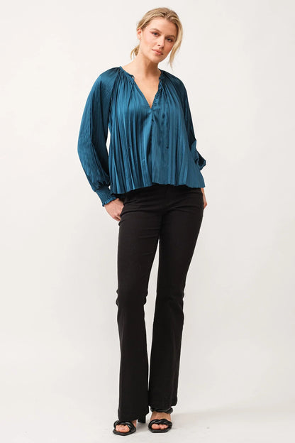 Deletta Pleated Satin Ruched Cuff Top