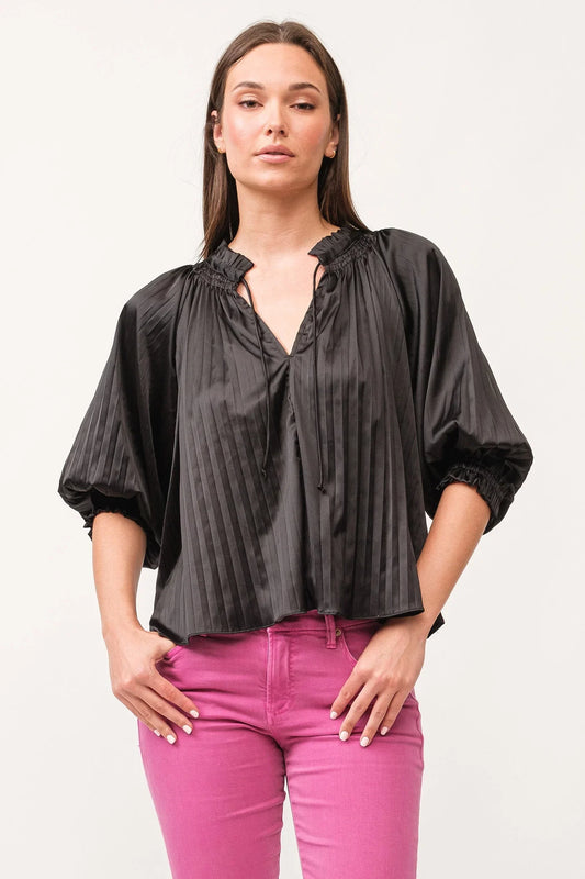 Anais Ruched Neck 3/4 Sleeve Pleated Satin Top