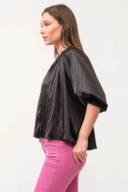 Anais Ruched Neck 3/4 Sleeve Pleated Satin Top