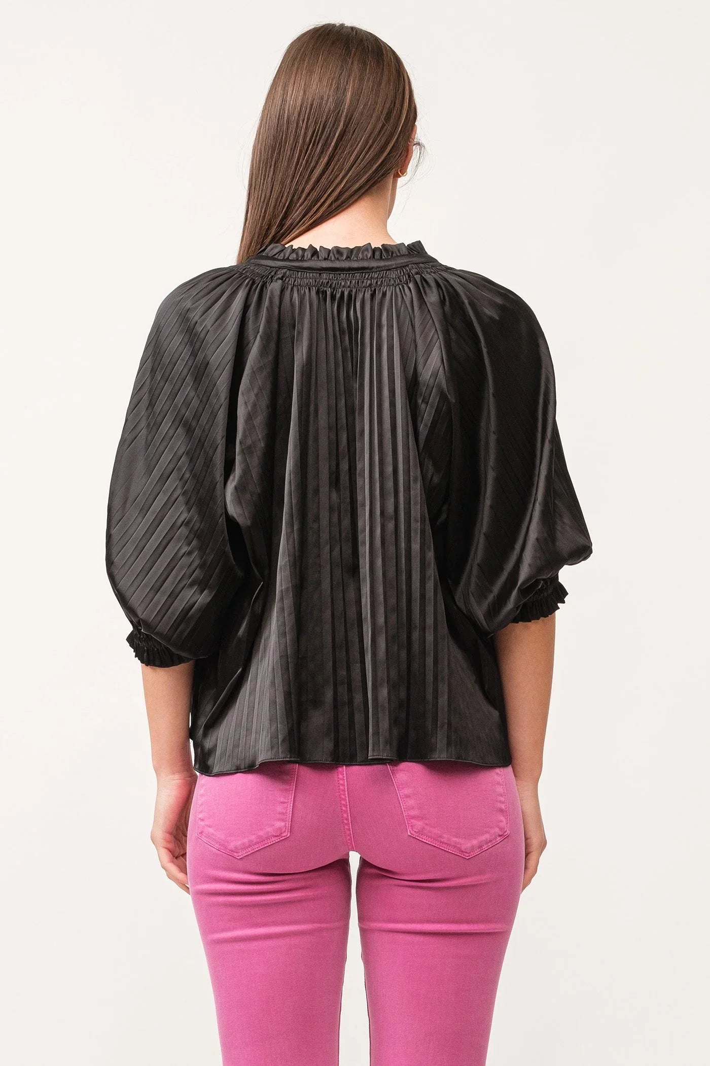 Anais Ruched Neck 3/4 Sleeve Pleated Satin Top