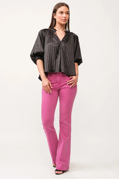 Anais Ruched Neck 3/4 Sleeve Pleated Satin Top