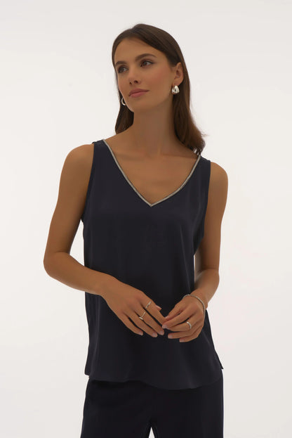 Satin Sleeveless Top with Rhinestone Trim- Midnight