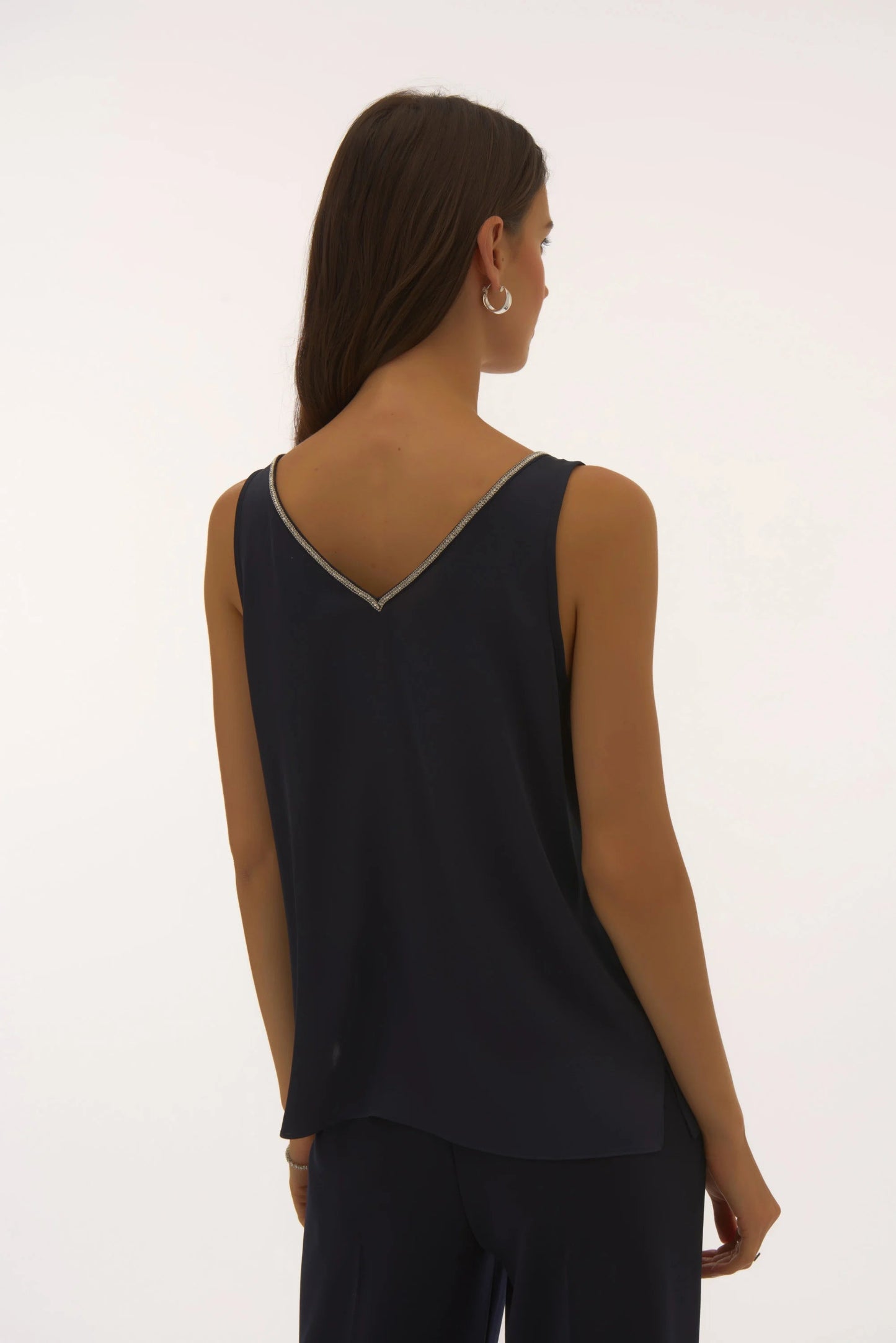 Satin Sleeveless Top with Rhinestone Trim- Midnight