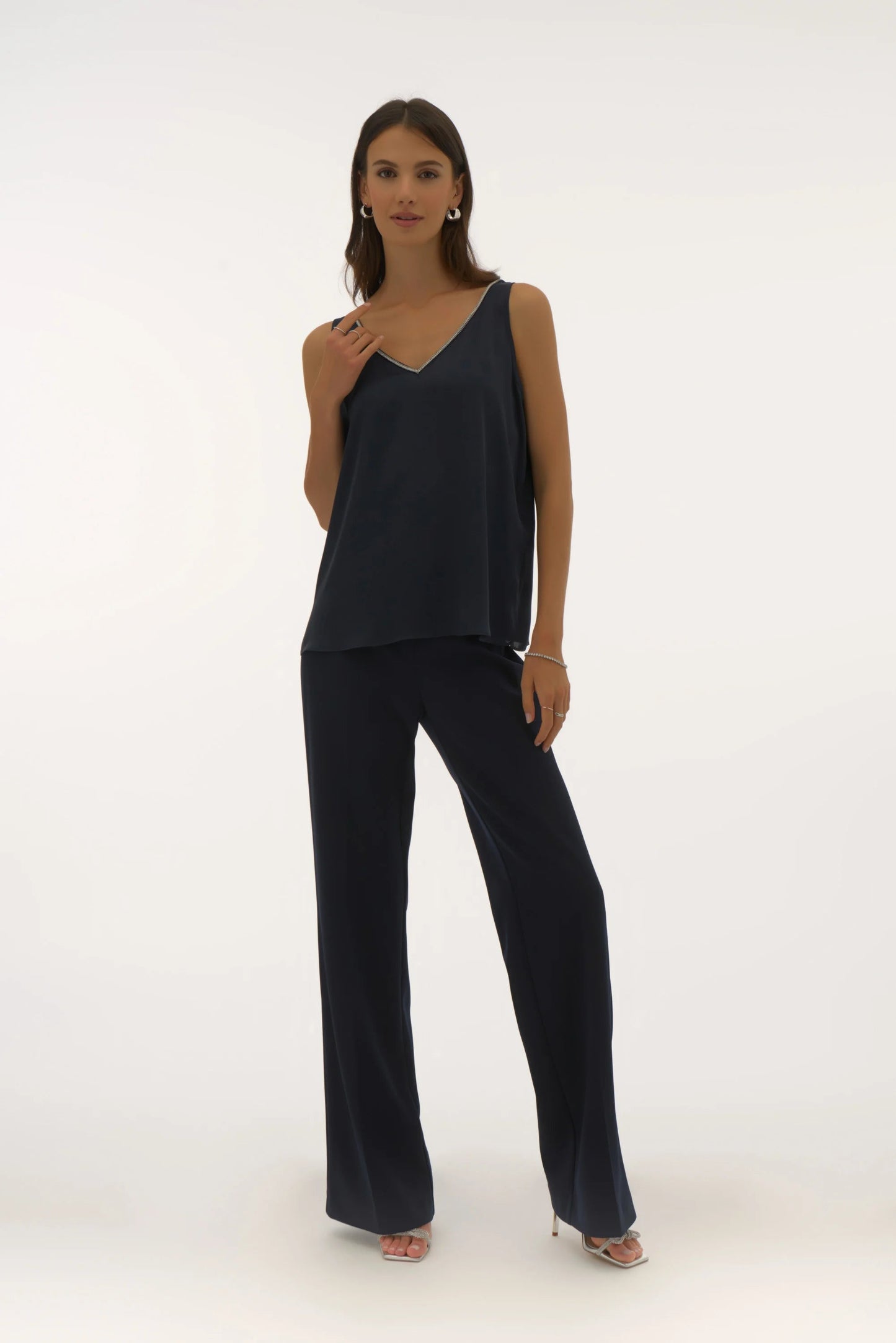 Satin Sleeveless Top with Rhinestone Trim- Midnight