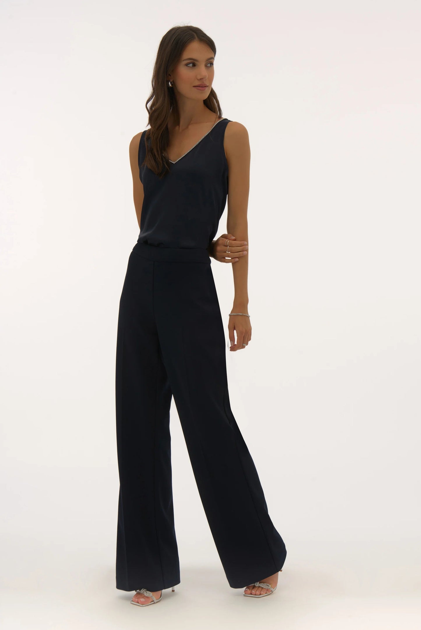 Satin Sleeveless Top with Rhinestone Trim- Midnight