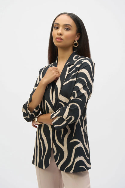 Seersucker Abstract Print Straight Blazer- Black/Parchment