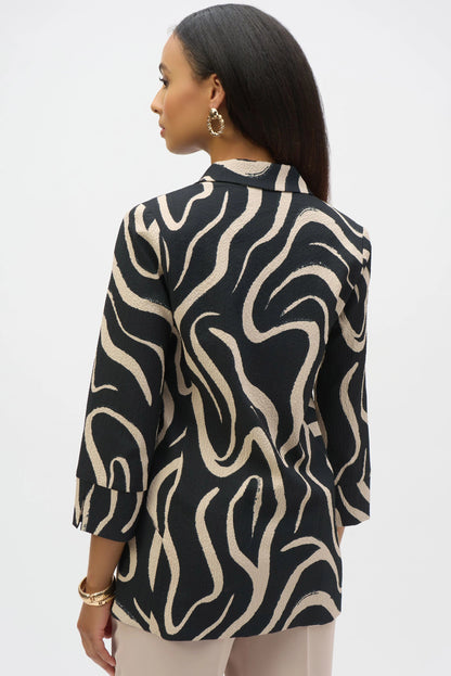 Seersucker Abstract Print Straight Blazer- Black/Parchment