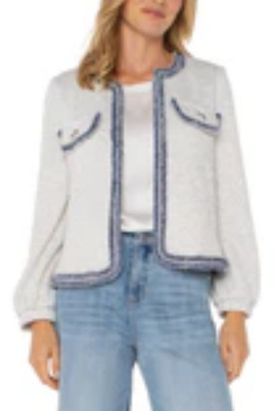 Collarless Jacket with Fray Detail