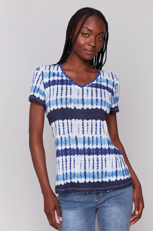 Printed Linen Blend V-Neck T-Shirt