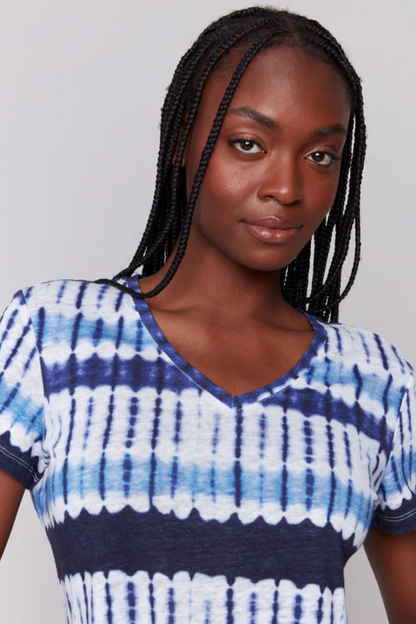 Printed Linen Blend V-Neck T-Shirt