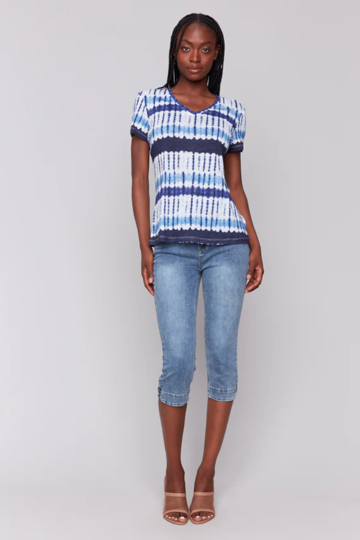 Printed Linen Blend V-Neck T-Shirt