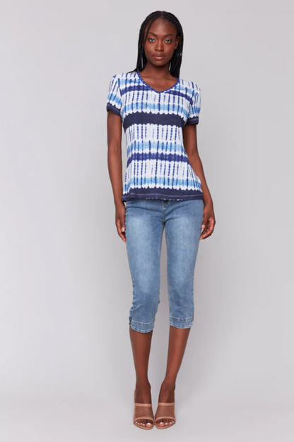 Printed Linen Blend V-Neck T-Shirt