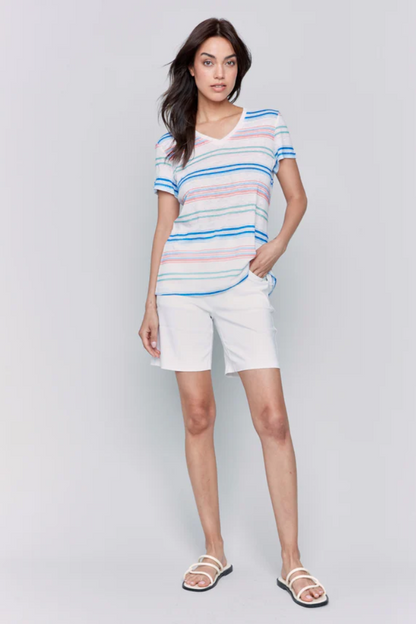 Striped Linen Blend V-Neck T-Shirt